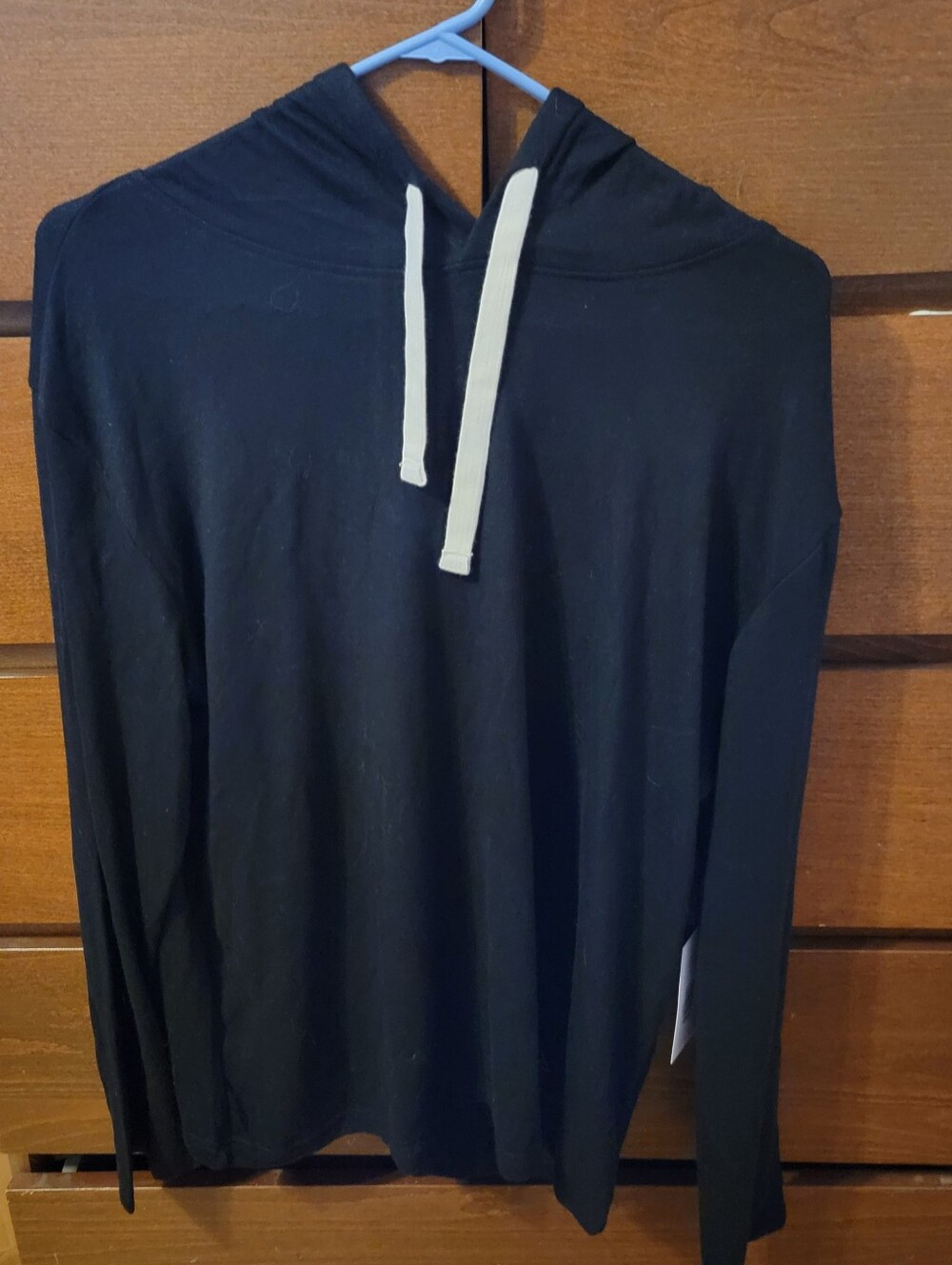 ZYIA Black Boyfriend Hooded Long-Sleeve Shirt with White Drawstrings